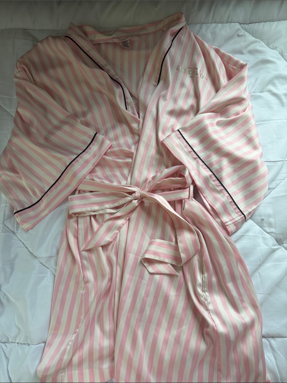 Victoria's Secret Pink and White Striped Satin Robe with Gold Rhinestone Wings